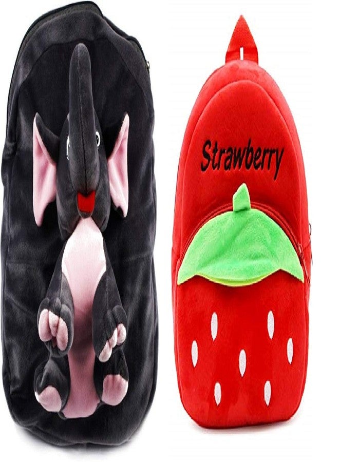 Black Hill School Bag for Kids Soft Plush Backpack Combo Cartoon Bags Mini Travel Bag for for Girls Boys Toddler Baby (Full Body Elephant & Red Strawberry) - Image 1